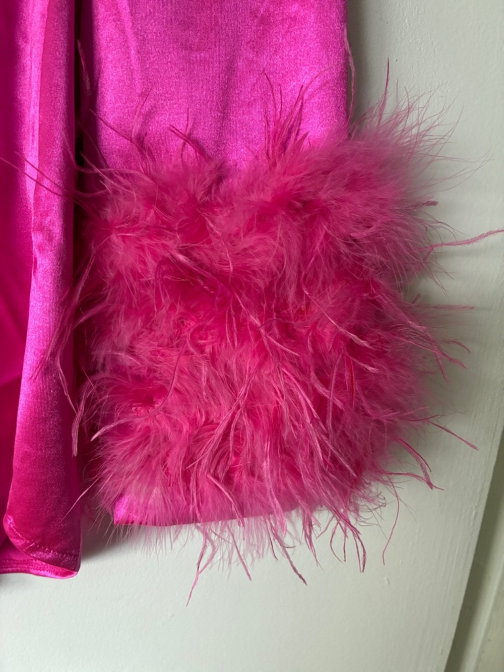 Bold Hot Pink Satin Blouse with Feather Cuffs - Picture 3 of 6